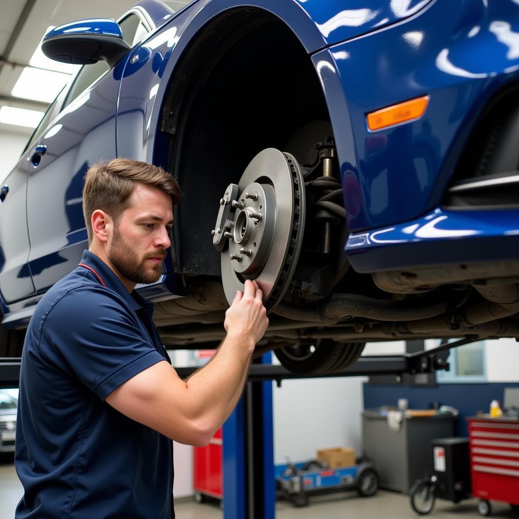 Mechanic inspecting brake pads on an Audi A4 lift