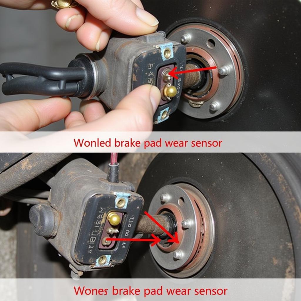 Close-up of a worn brake pad wear sensor on an Audi A4