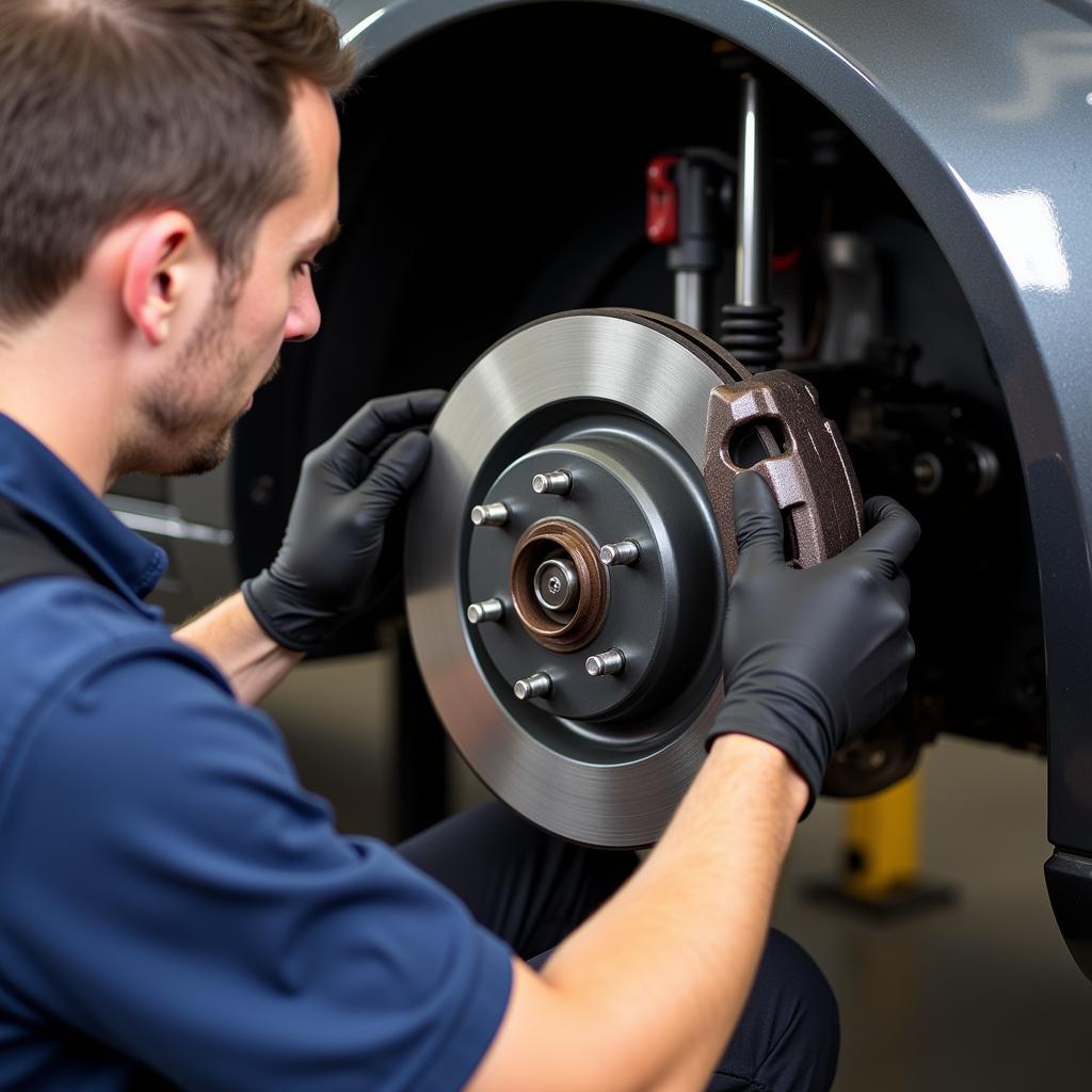 Mechanic inspecting the brake system of an Audi A6 C6