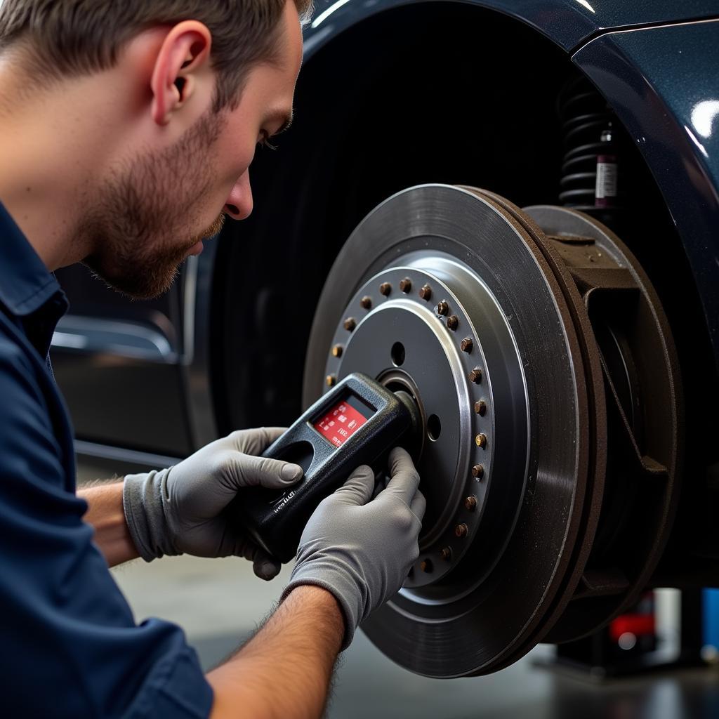 Mechanic Inspecting Audi A7 Brake Pads