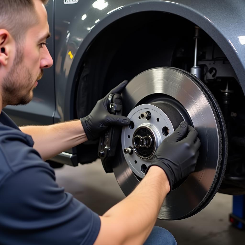 Mechanic replacing Audi brake pads