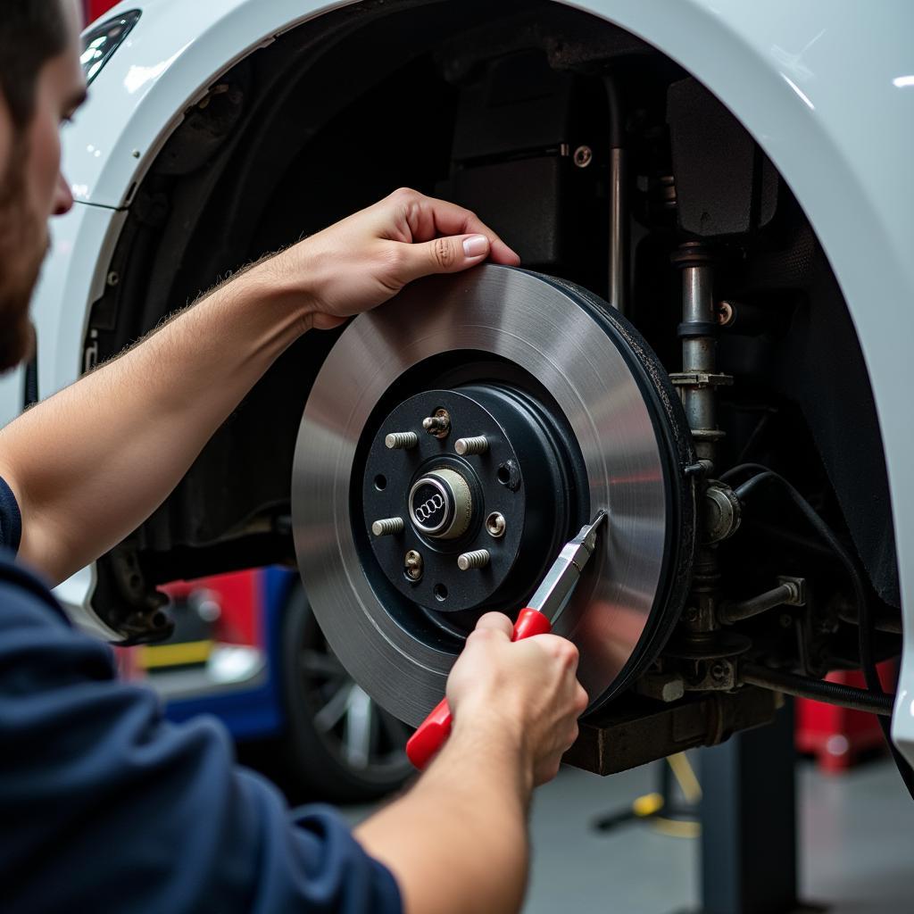 Mechanic Inspecting Audi Brake Pad Wear