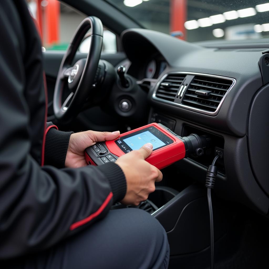 Mechanic performing diagnostics on an Audi vehicle