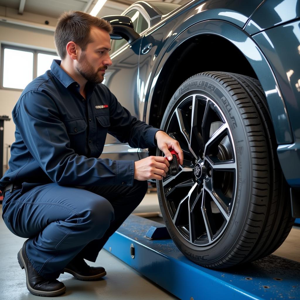 Audi Q7 Undergoing Inspection at a Mechanic Shop