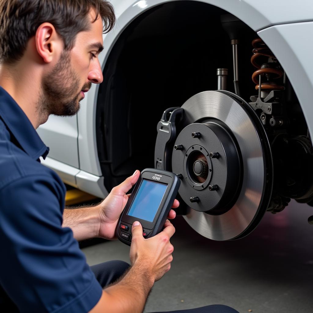 Mechanic diagnosing Audi TT brake system