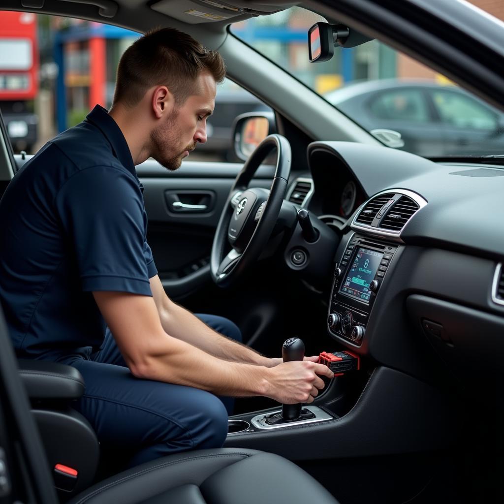 Automotive electrician using a diagnostic tool