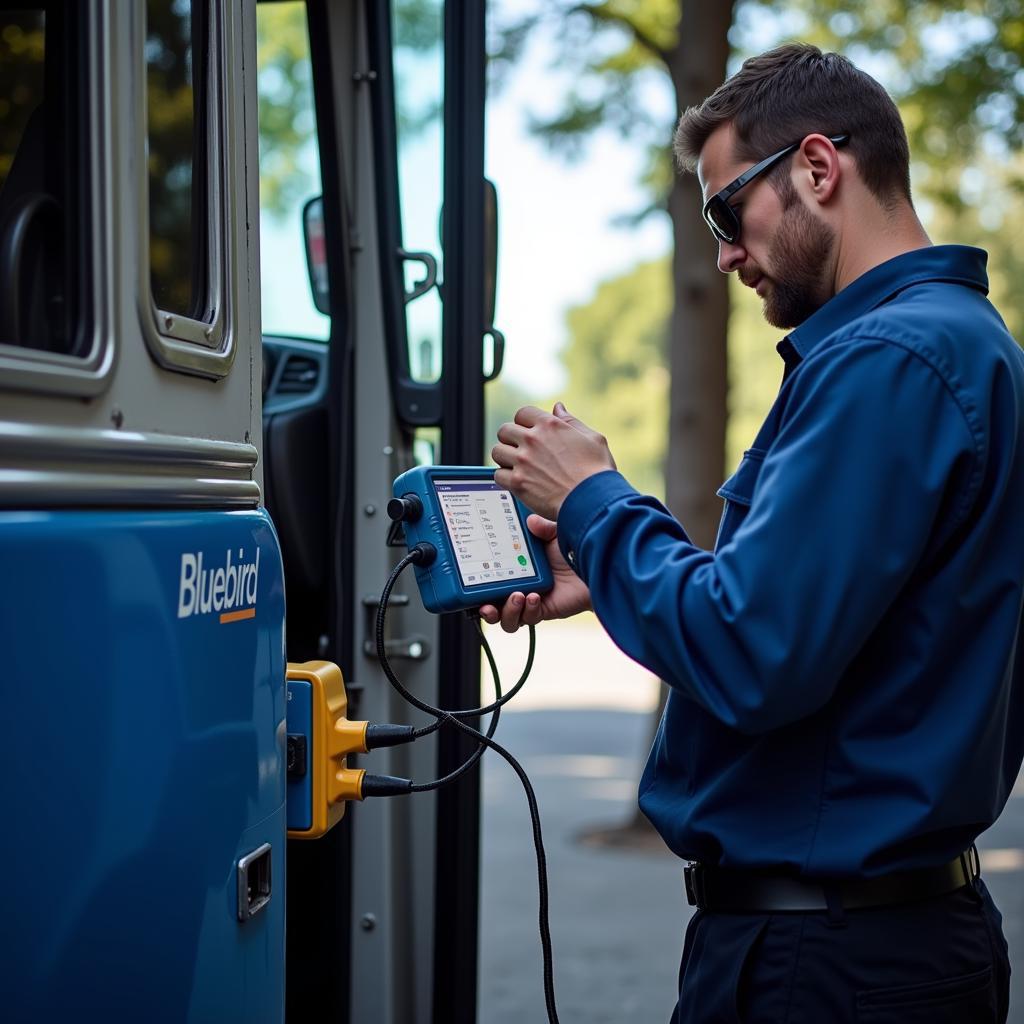 Mechanic Using Diagnostic Scan Tool on Bluebird Bus