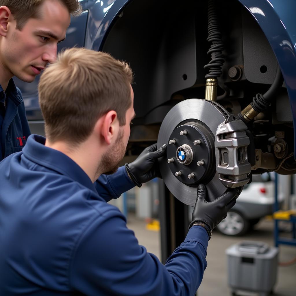 Mechanic Inspecting the Brake System of a BMW 328i