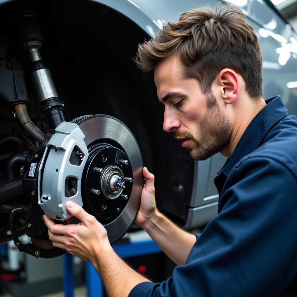 BMW Technician Inspecting 330d Brake System