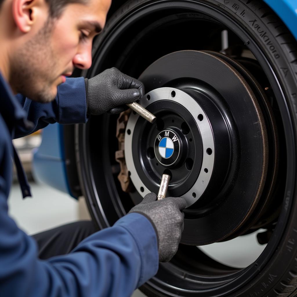 Mechanic Inspecting BMW Brake Pads