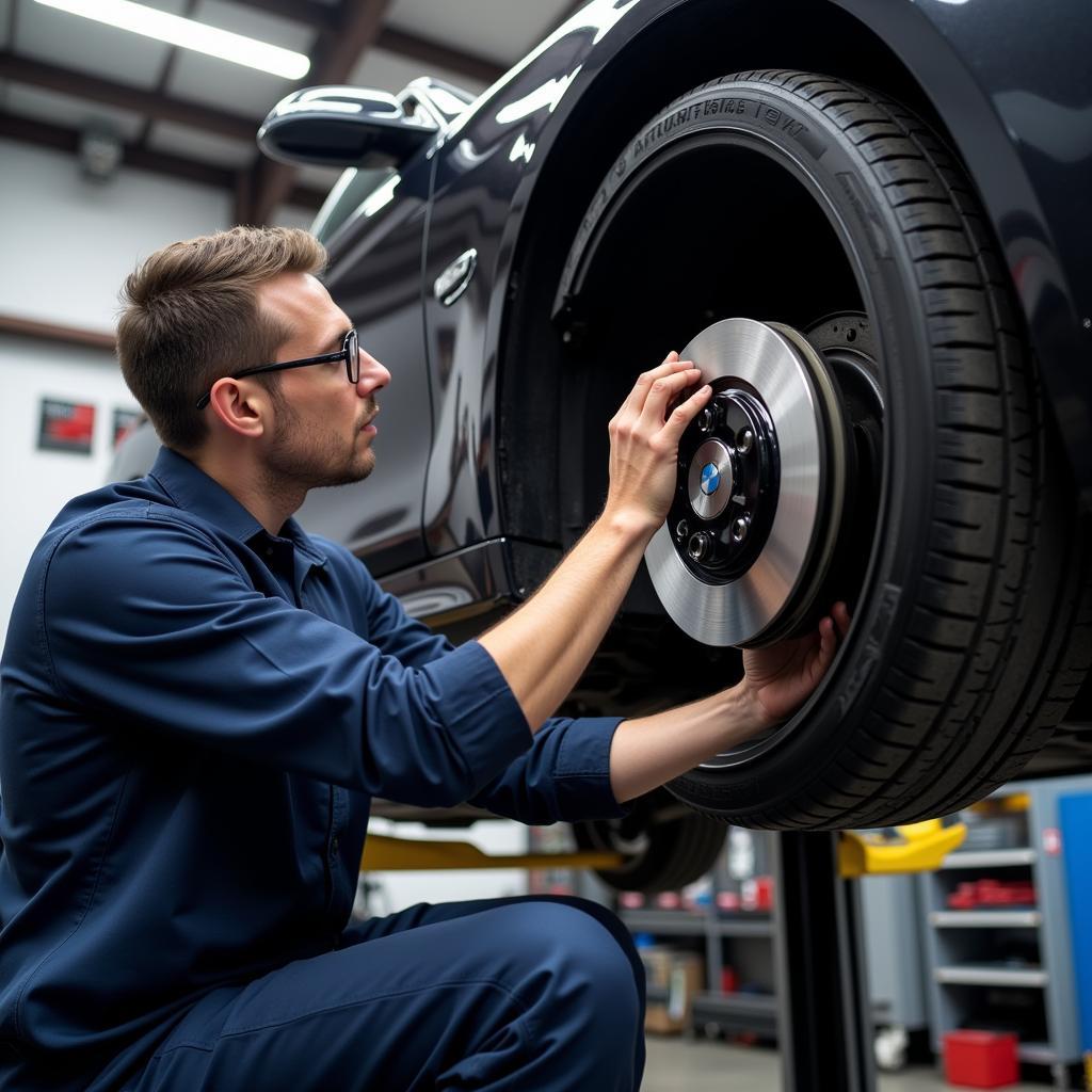 Mechanic Inspecting BMW Brakes