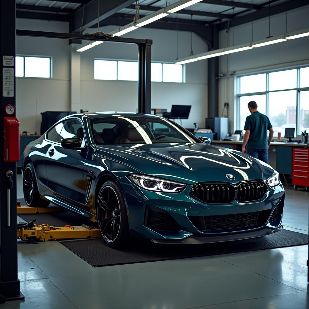 BMW Car on Lift in Repair Shop