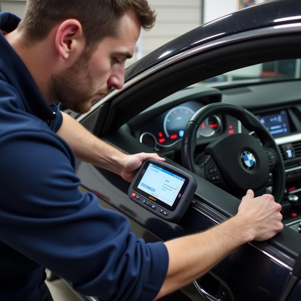 Technician Performing Diagnostic Scan on a BMW