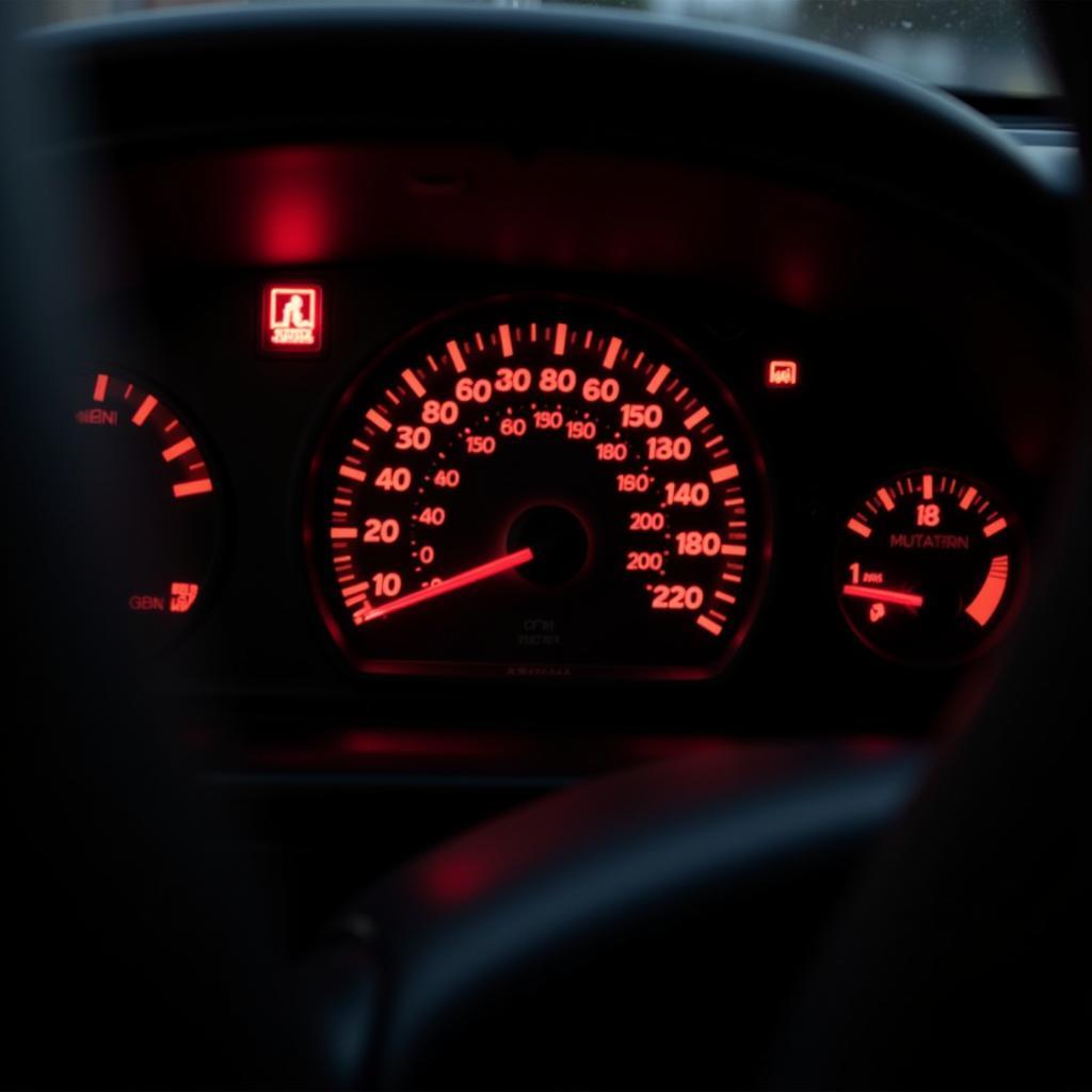 BMW E30 dashboard with illuminated seat belt warning light