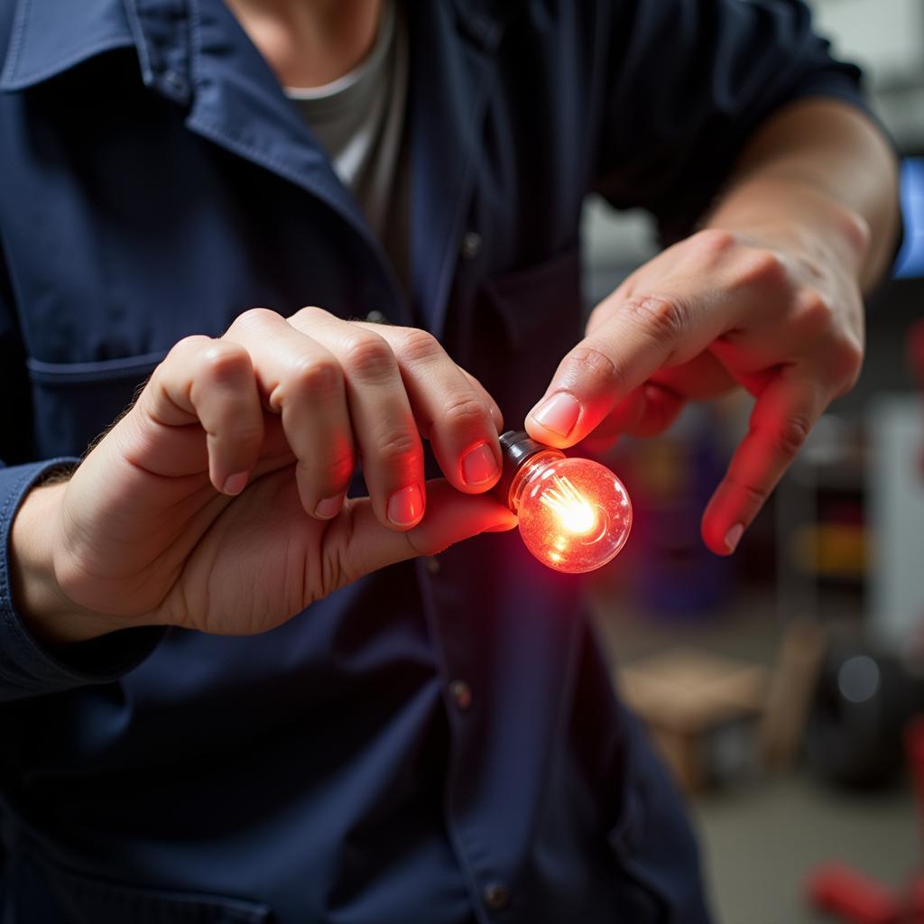 Mechanic inspecting a BMW E36 brake light bulb