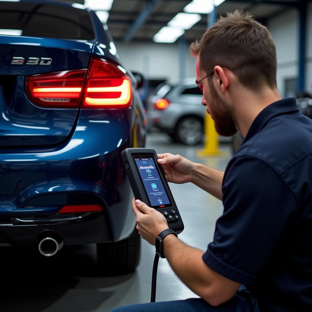 BMW Mechanic Diagnosing Brake Issue with Scanner Tool