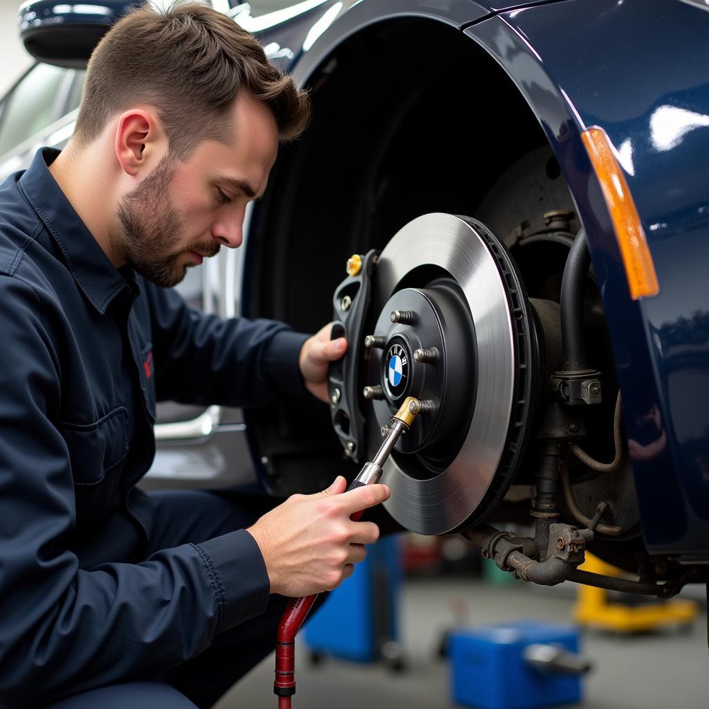 BMW Mechanic Inspecting Brakes