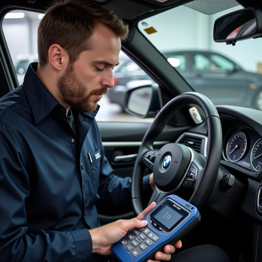 BMW Technician Diagnosing Seat Belt Issue