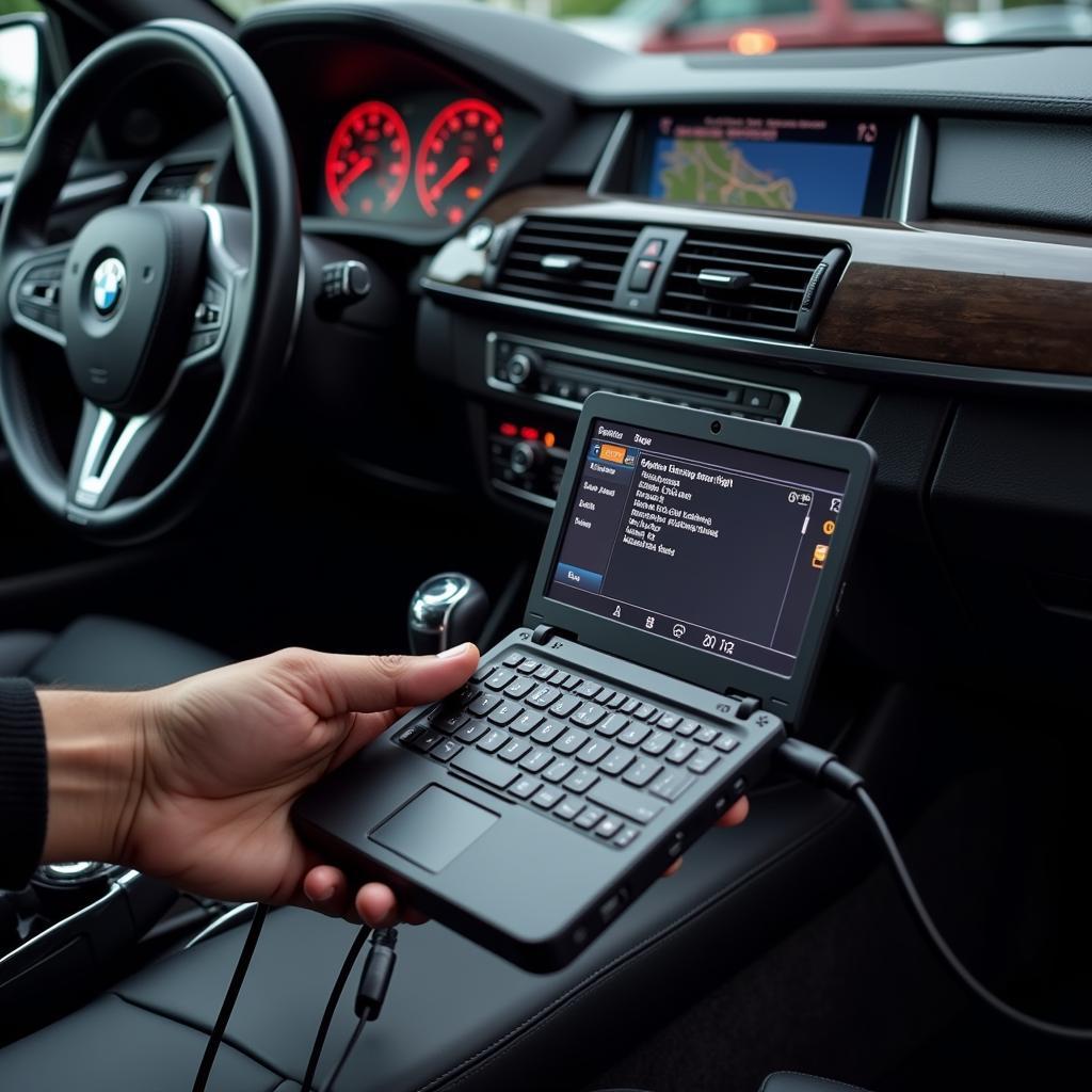 A technician using a diagnostic scan tool on a BMW X5