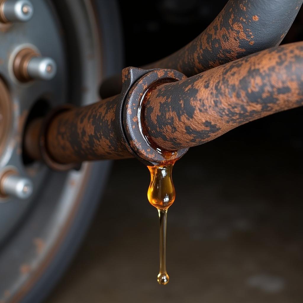 Brake fluid leaking from a car's brake line