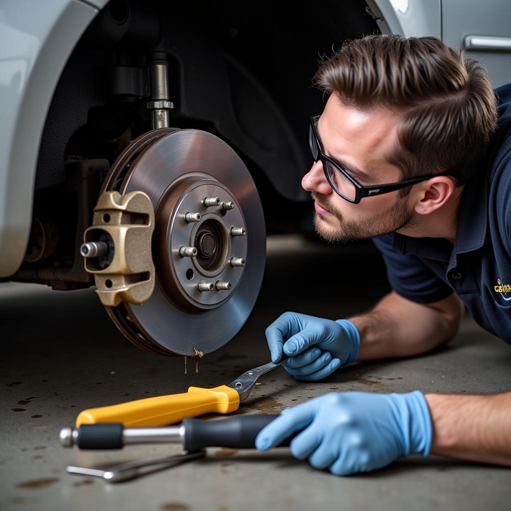 Mechanic Inspecting Brake Fluid Leak