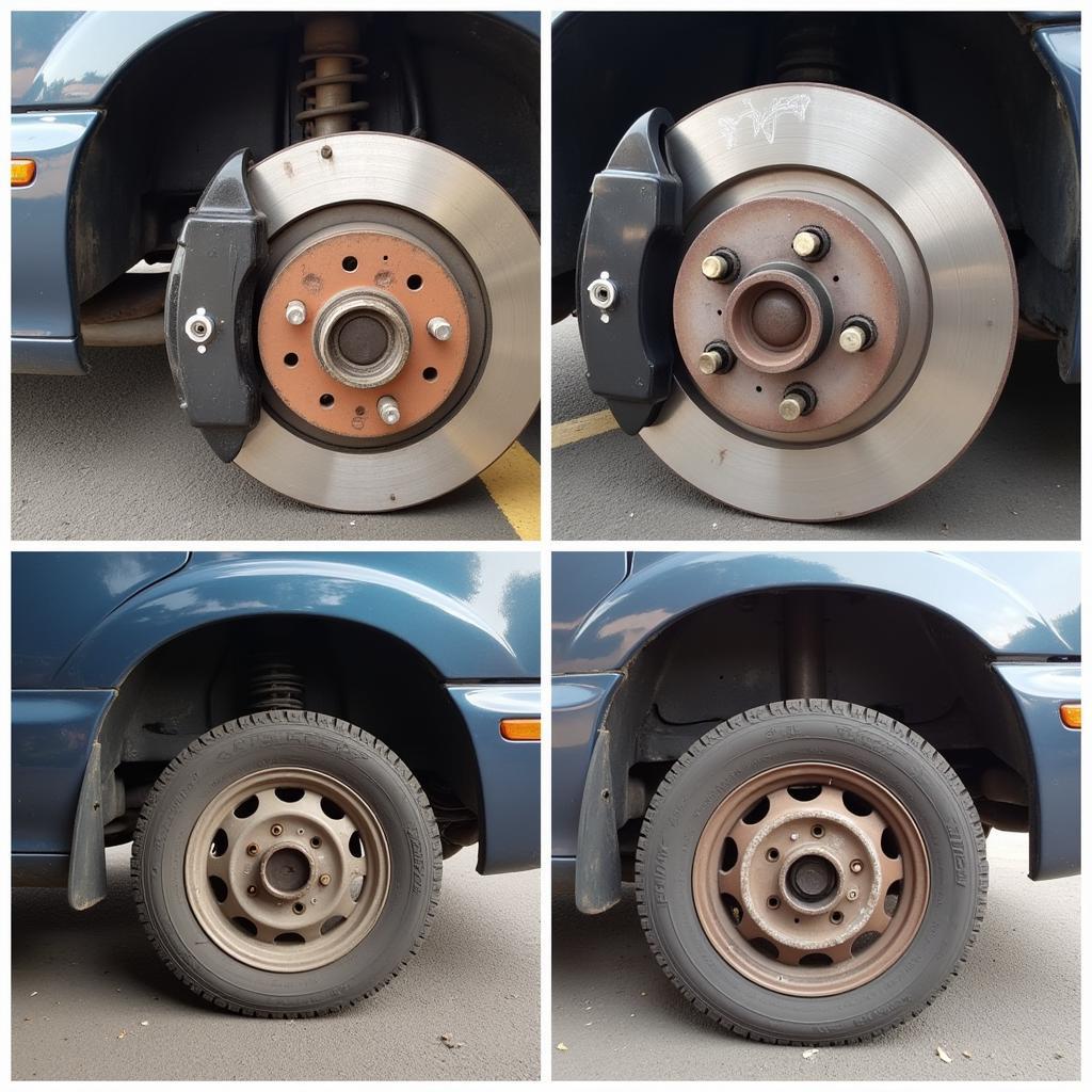 Inspecting the brake pads on a 1995 Mazda MPV