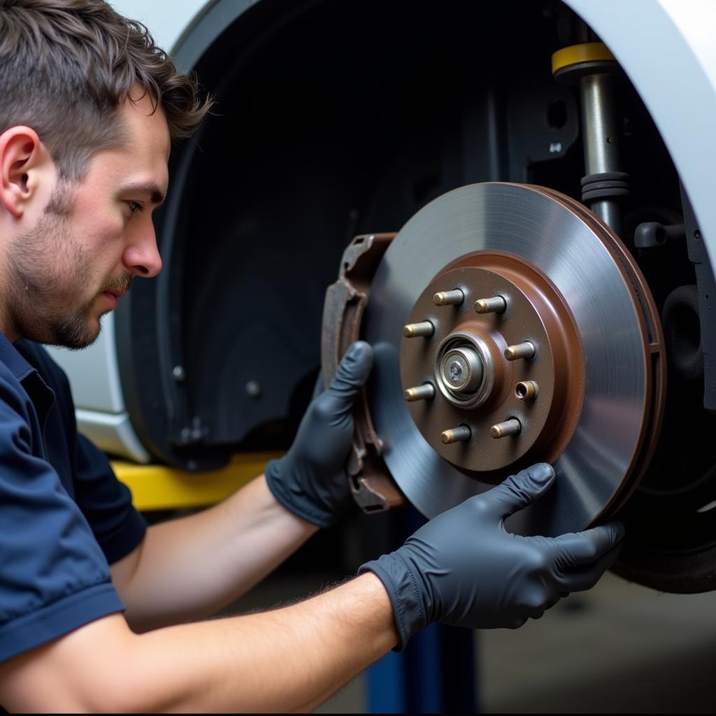 Mechanic inspecting car brake pads