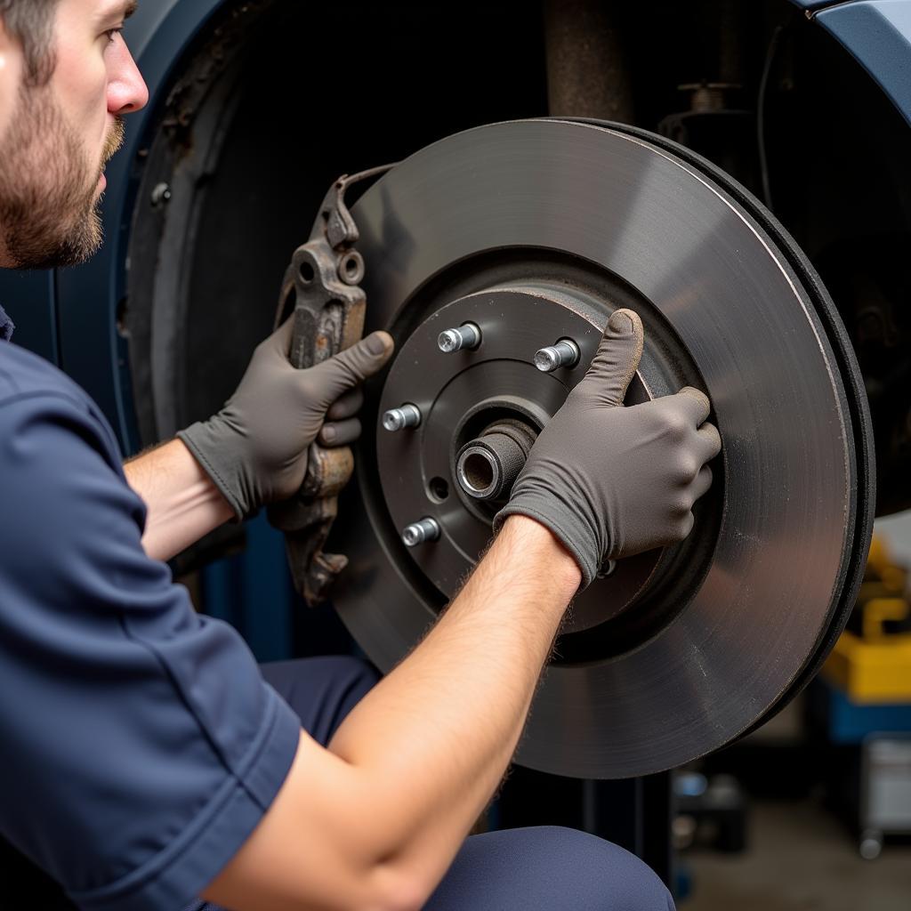 Mechanic replacing brake pads