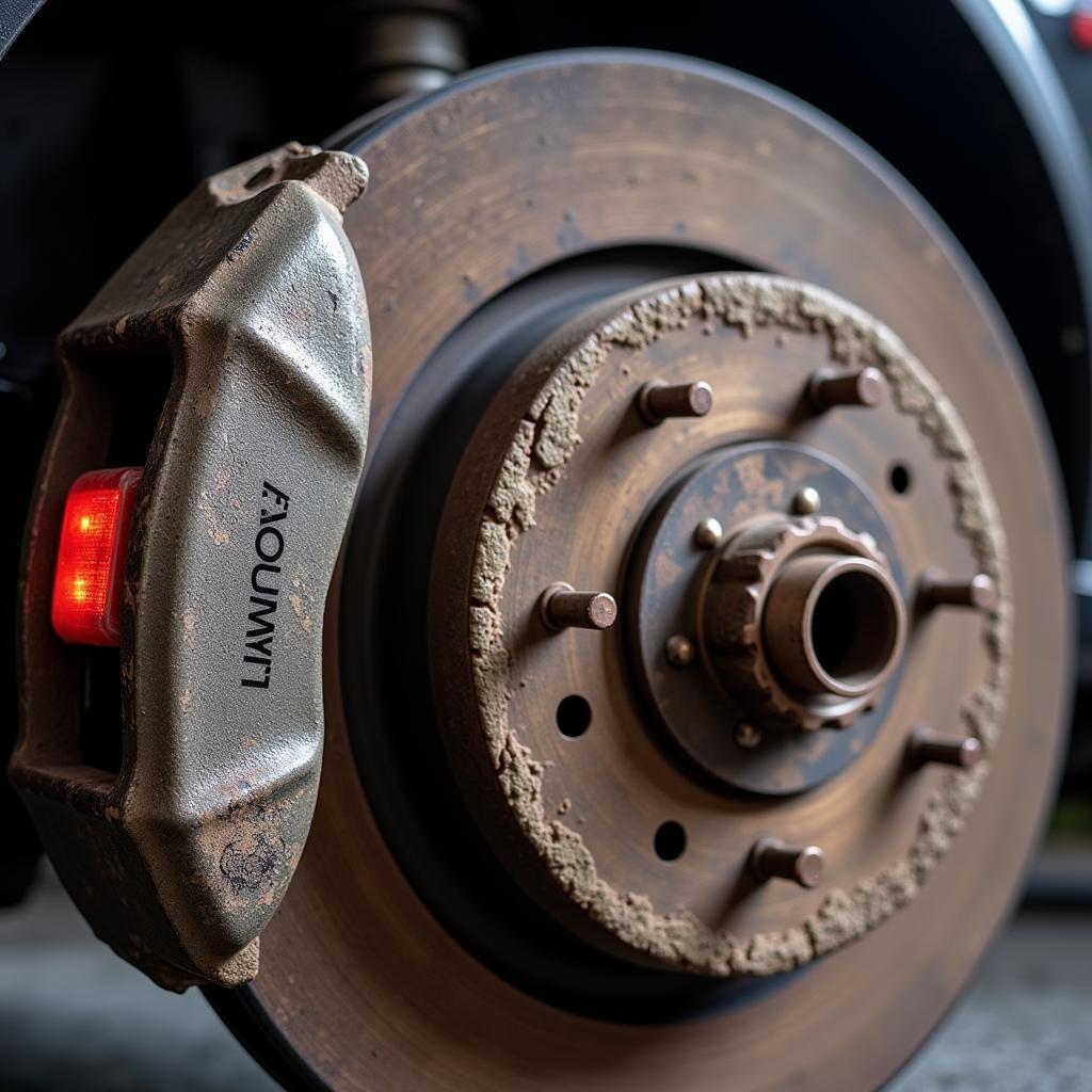 Close-up of a worn brake pad with exposed wear indicator