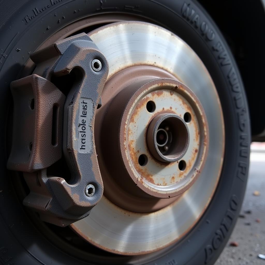 Close-up View of a Worn Brake Pad Wear Sensor