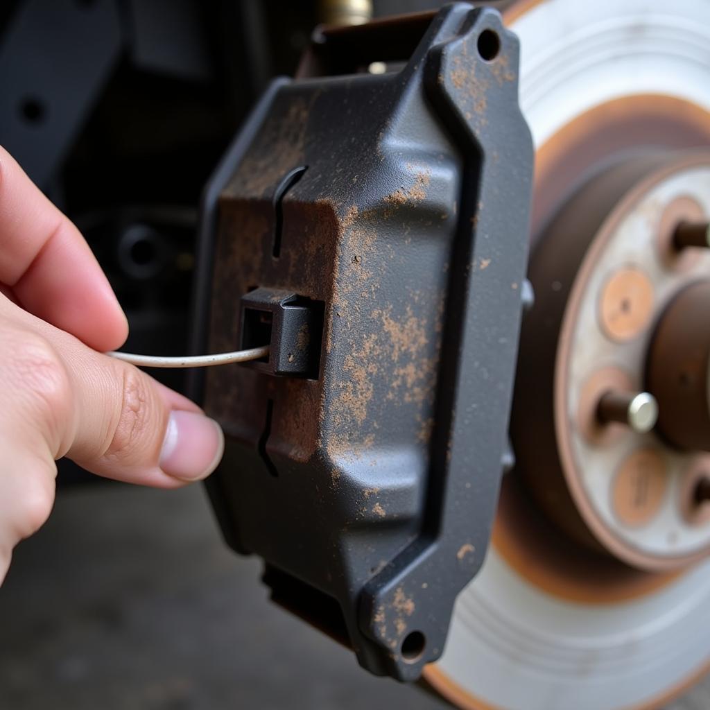 Brake pad wear sensor close-up