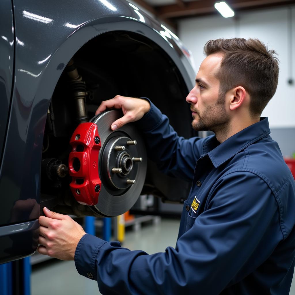 Mechanic Inspecting Brakes in a Shop