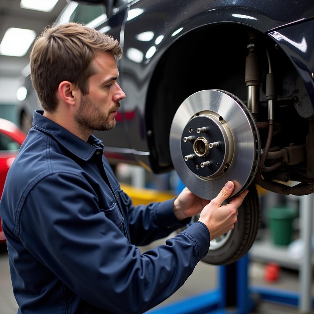 Mechanic Inspecting Brake System