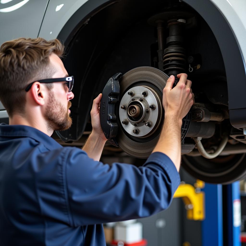 Mechanic Inspecting a Car's Brake System