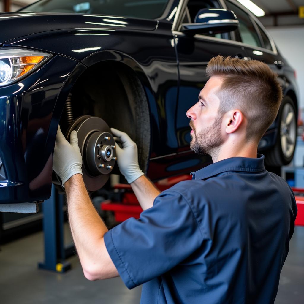 Professional Mechanic Inspecting Brakes on a Lift