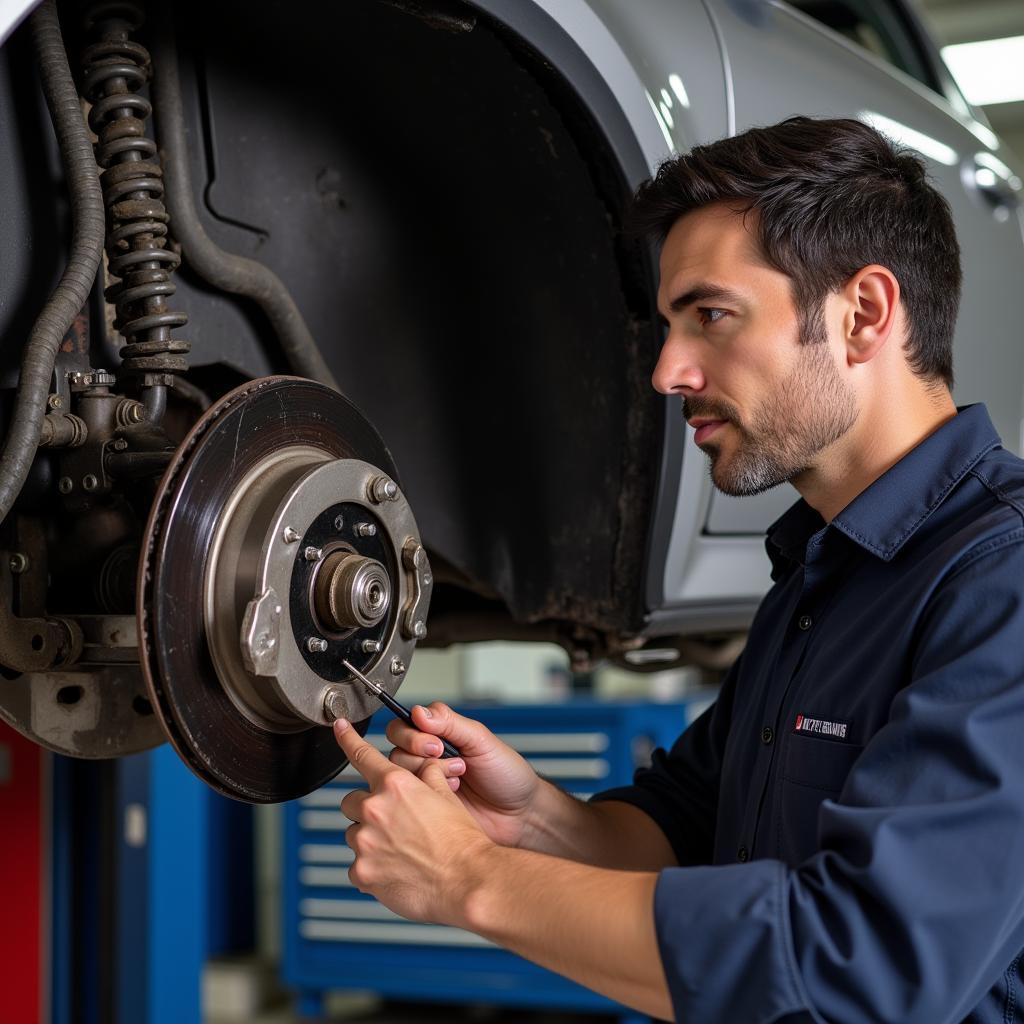 Mechanic Inspecting Brake System