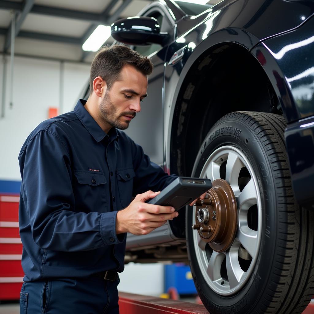 Mechanic inspecting car brake system