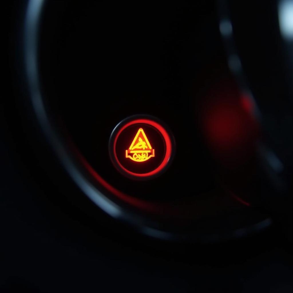 Brake warning light illuminated on car dashboard