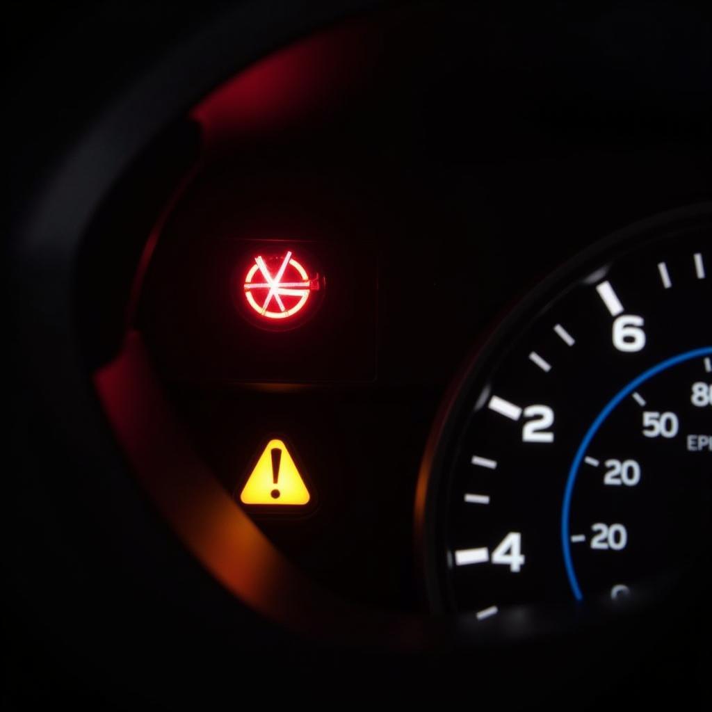 Car dashboard with brake warning light illuminated