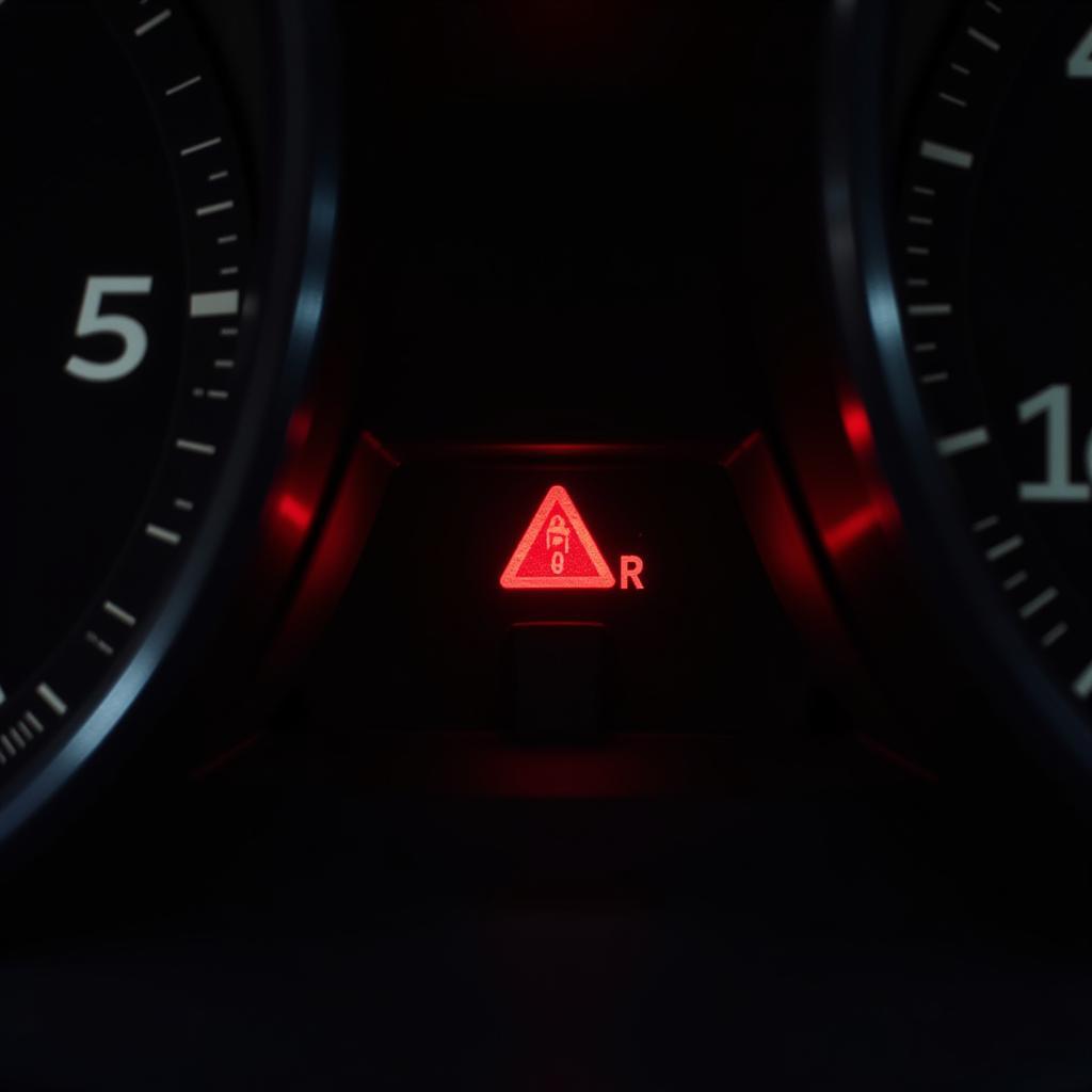 Brake warning light on car dashboard