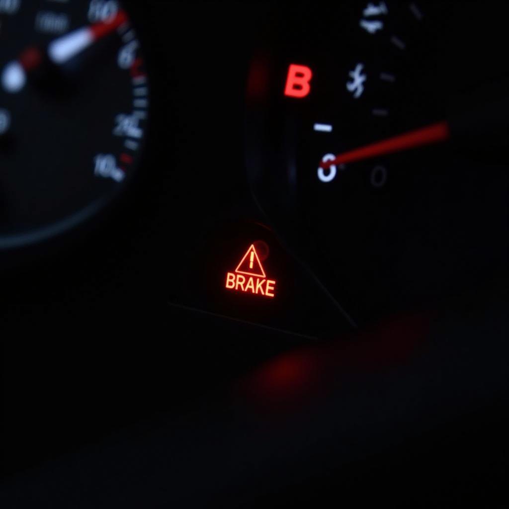 Brake warning light on a car dashboard