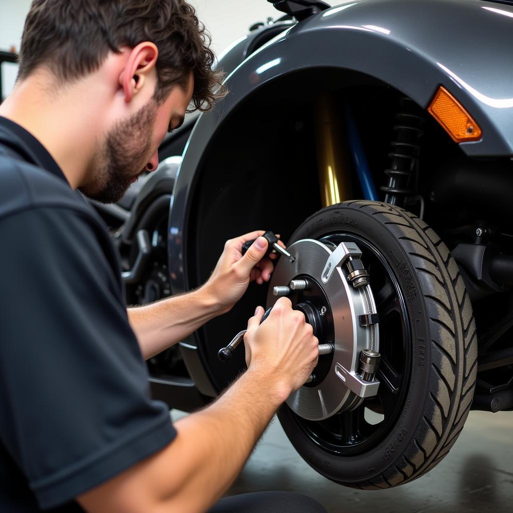 Mechanic inspecting the brake system of a Can-Am Spyder