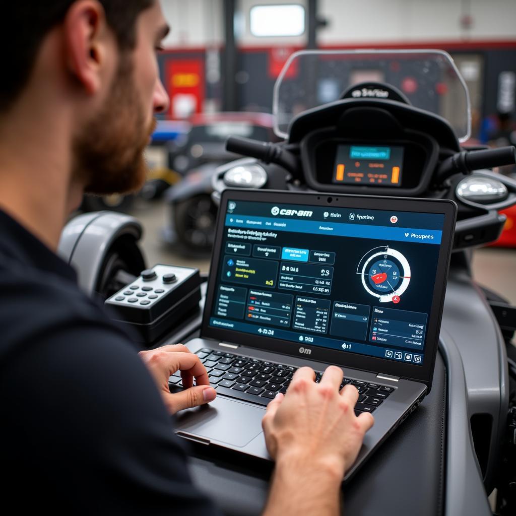 Technician performing remote diagnostics on a Can-Am Spyder