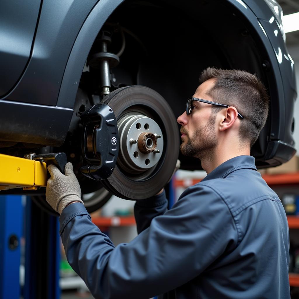 Mechanic Inspecting Car Brake System