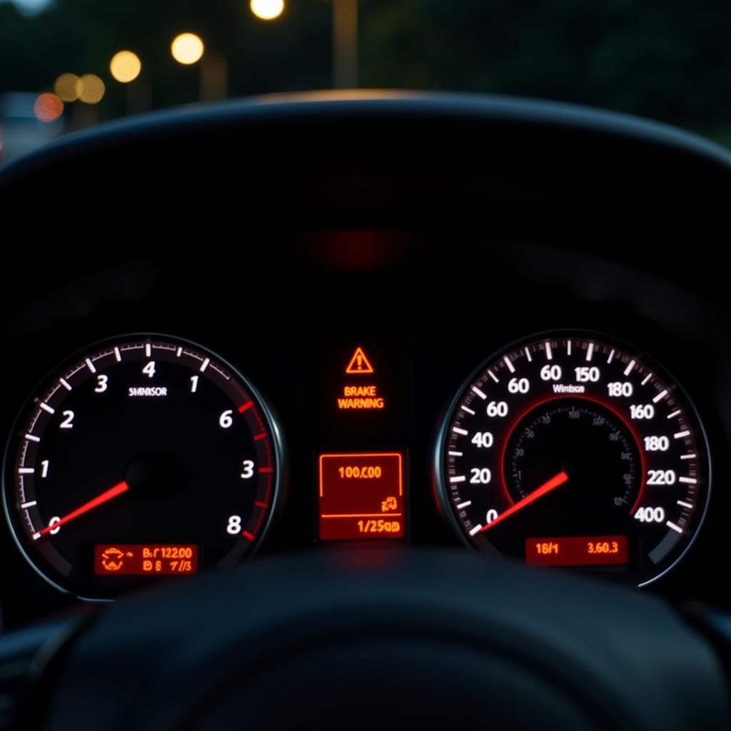 Car brake warning light illuminated on the dashboard