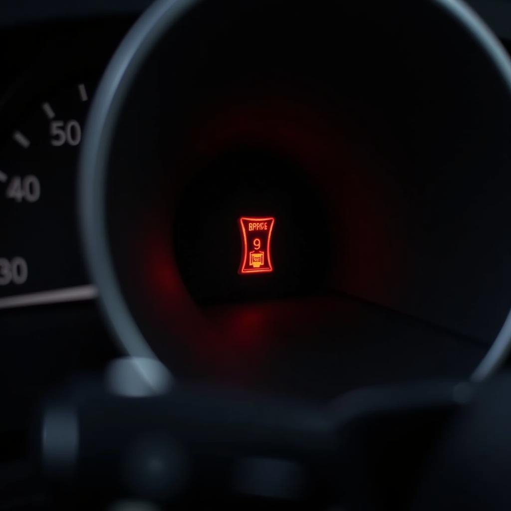 Red brake warning light illuminated on a car dashboard