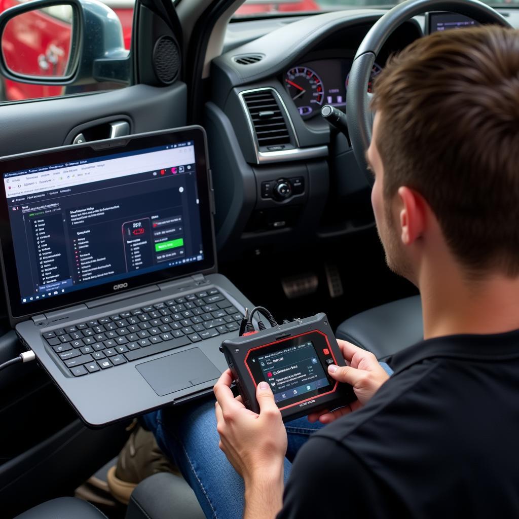 Mechanic Using Diagnostic Tool to Troubleshoot Seat Belt Warning