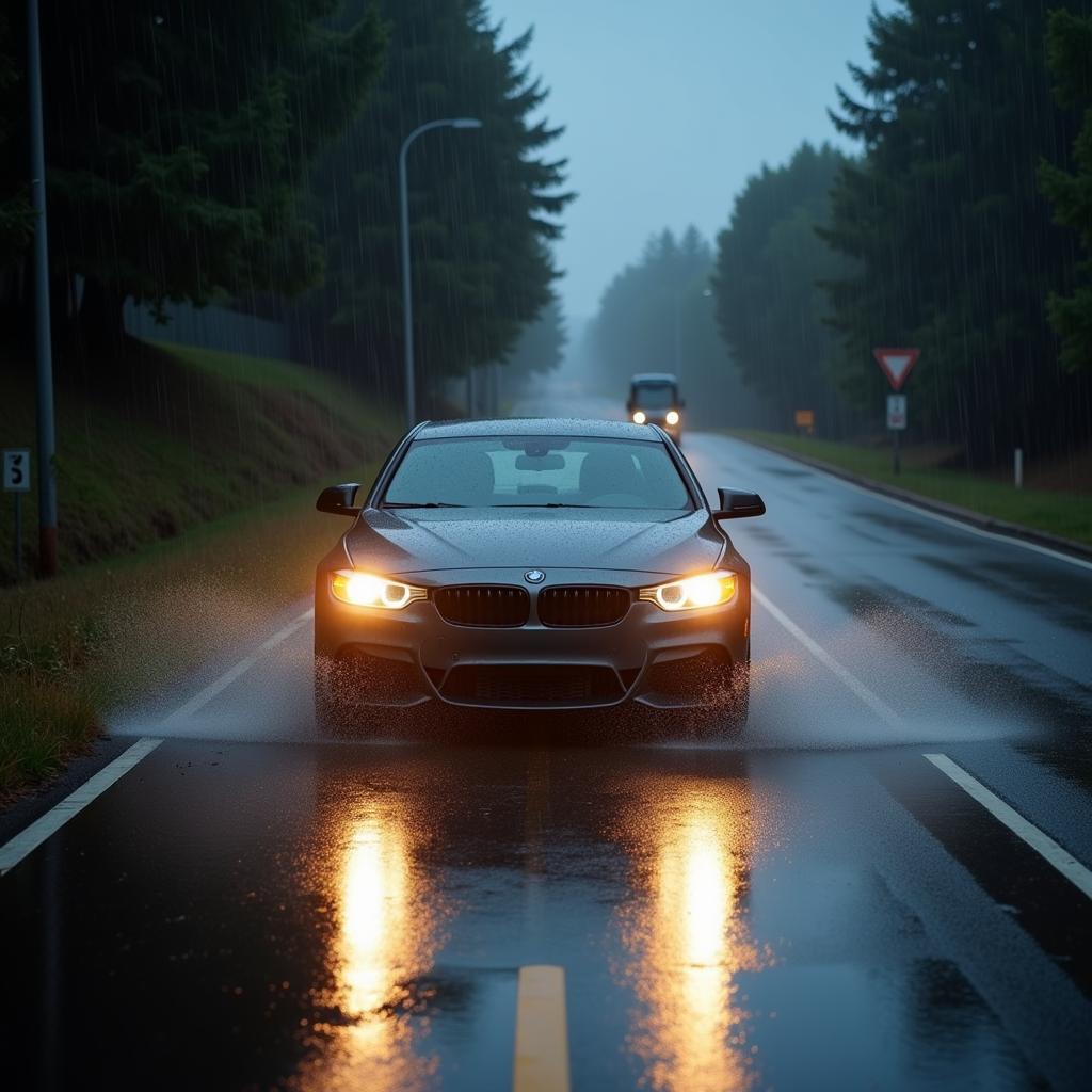 Car Navigating Through Heavy Rain