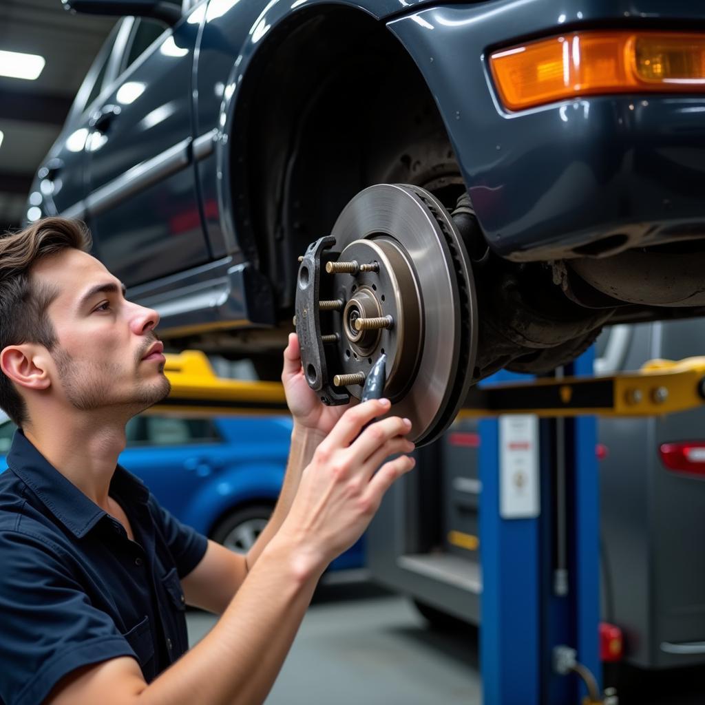 Car on a lift undergoing brake inspection