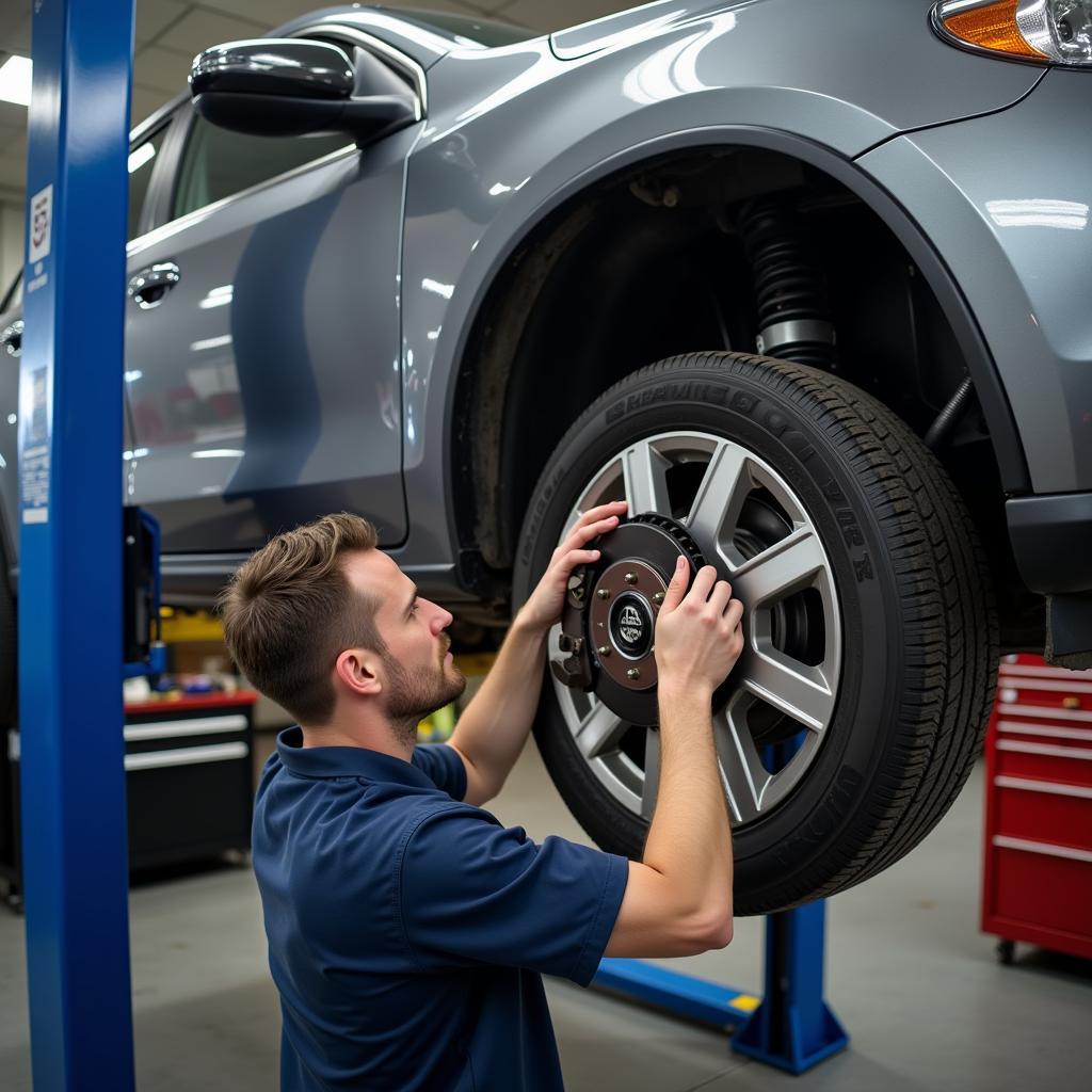 Car Undergoing Brake Repair in Auto Shop